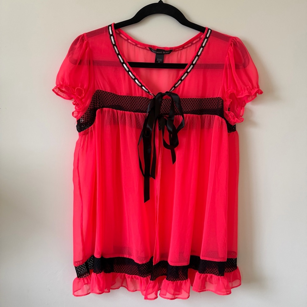 Victoria's Secret Babydoll Nightie Pink Sheer Black Trim Ruffle Flyaway SizeS